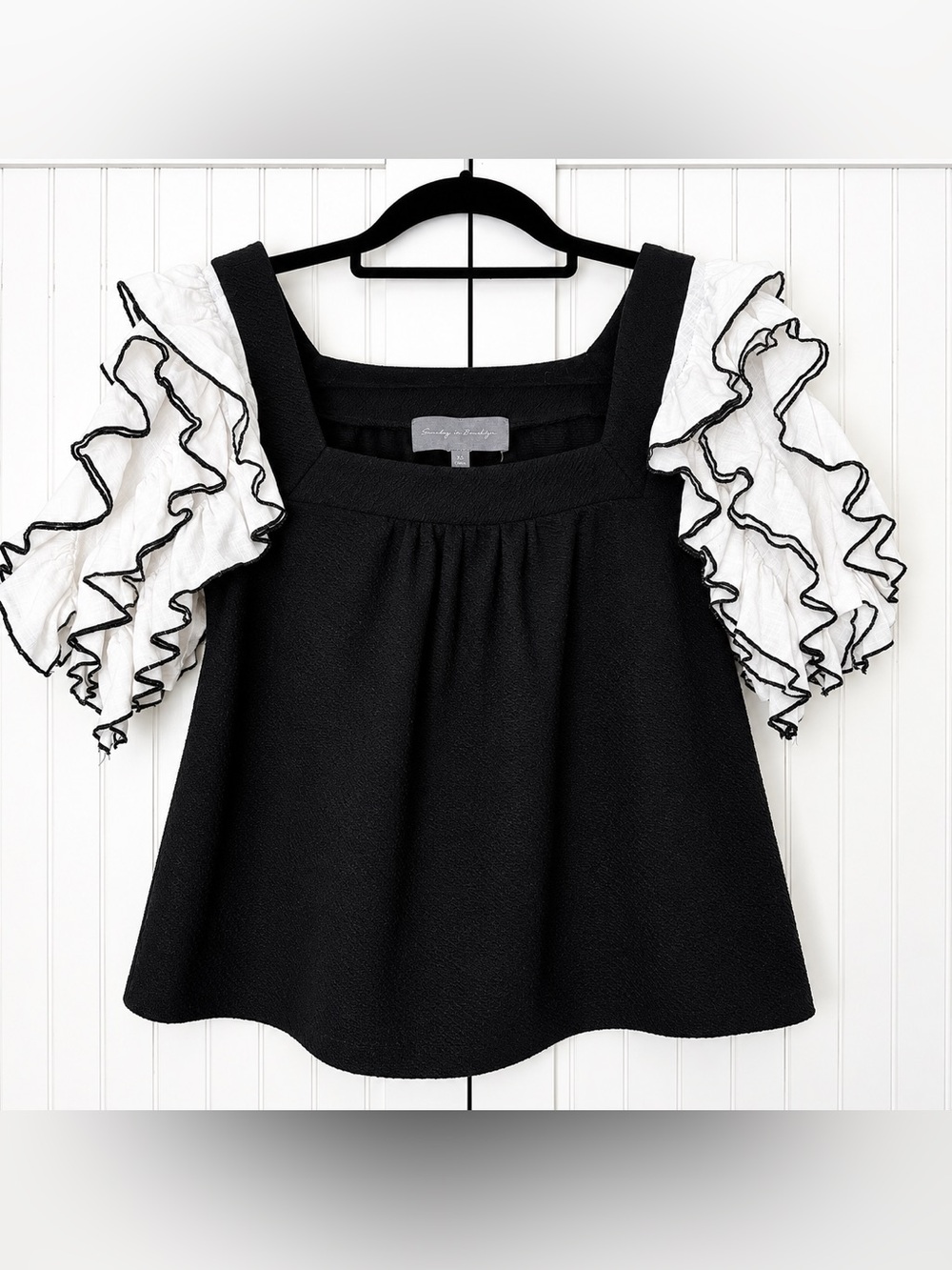 Sunday in Brooklyn Black Top with White Ruffled Sleeves